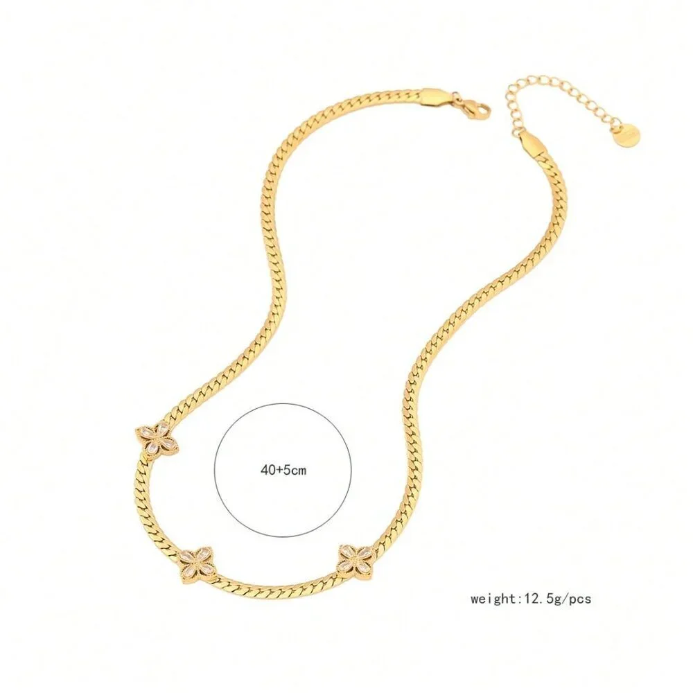 Gold Sexy Women's Zirconia Flower Stainless Steel Necklace